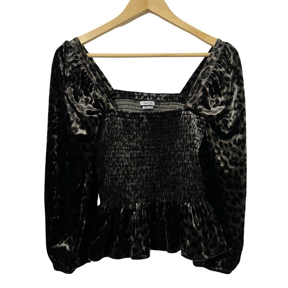 SAYLOR Velvet Animal Print Peplum Square Neck Top Size M Black Fairy Puff Sleeve